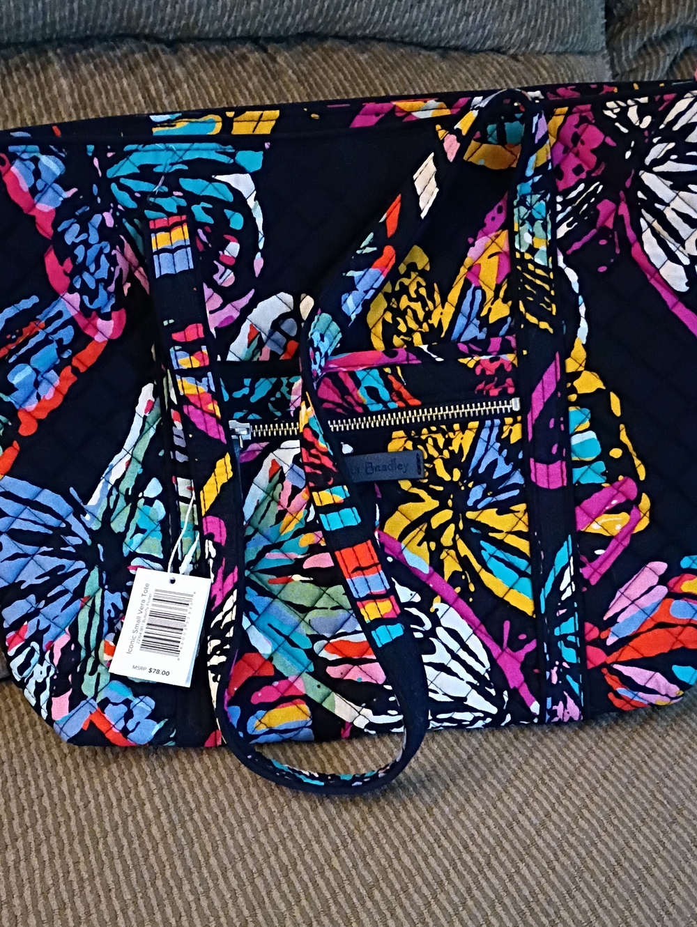 NWT Vera Bradley Iconic Navy Floral Butterfly Tote with Bright Multi Accents